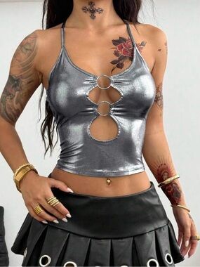 SHEIN Silver Metallic Ring-Front Crop halter top